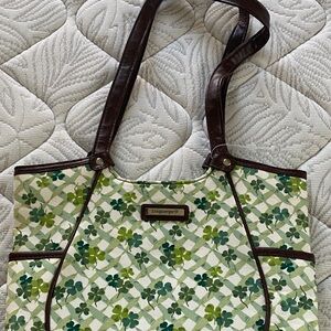Longaberger Green Floral Canvas Tote with Brown Straps
